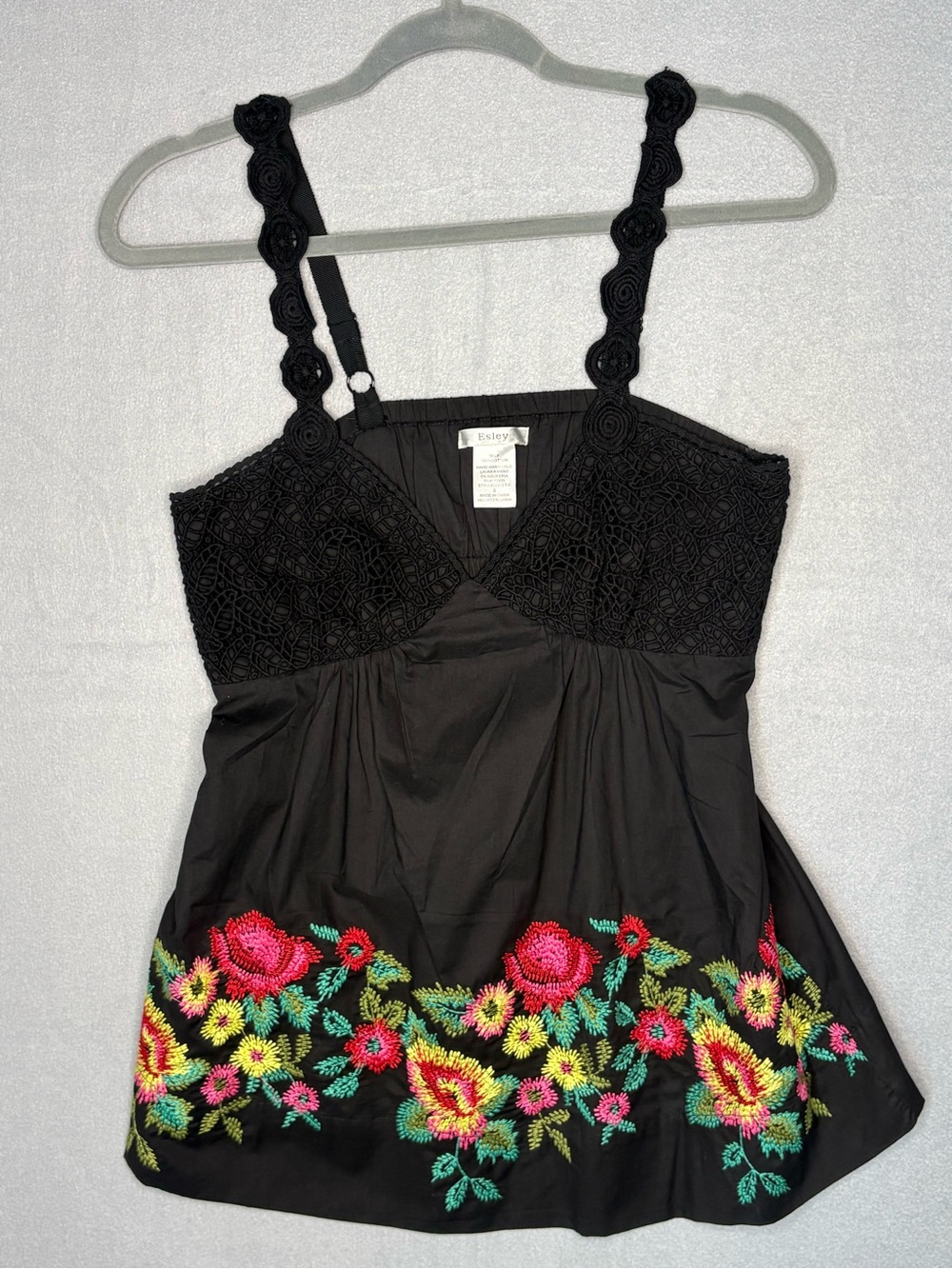 Esley Black Embroidered Floral Babydoll Tank Top Size Small